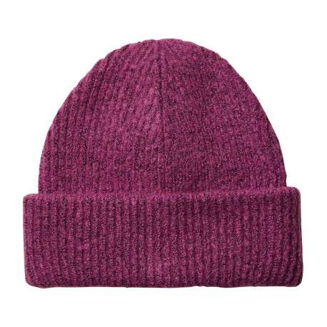 Bonnet violet framboise chiné en maille côtelée avec un grand revers