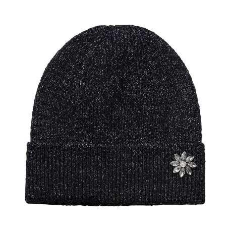 Bonnet marine chiné en maille jersey avec lurex argenté et bijou fleur cousu