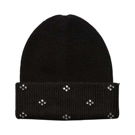 Bonnet noir uni en maille jersey avec strass argentés collés sur le revers