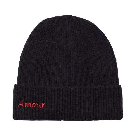 Bonnet en laine mélangée marine uni avec broderie rouge au niveau du revers