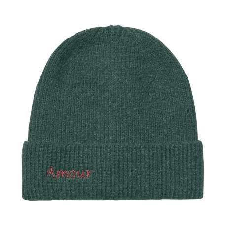 Bonnet en laine mélangée kaki uni avec broderie rouge au niveau du revers