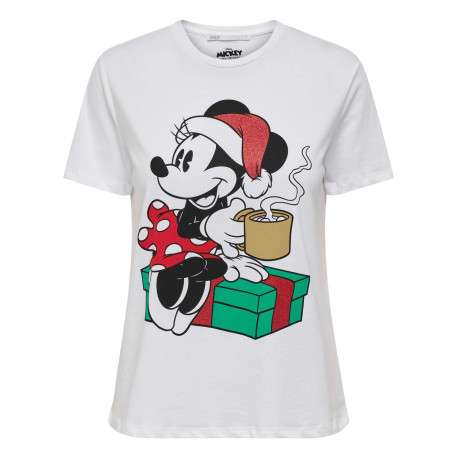 T-shirt blanc imprimé Mickey à coupe droite col rond et à manches courtes