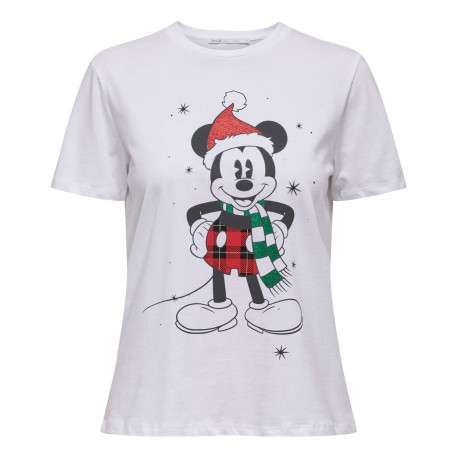T-shirt blanc imprimé Mickey à coupe droite col rond et à manches courtes
