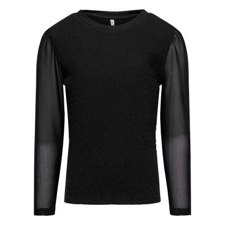T-shirt noir bi-matière à coupe ajustée col rond et à manches longues