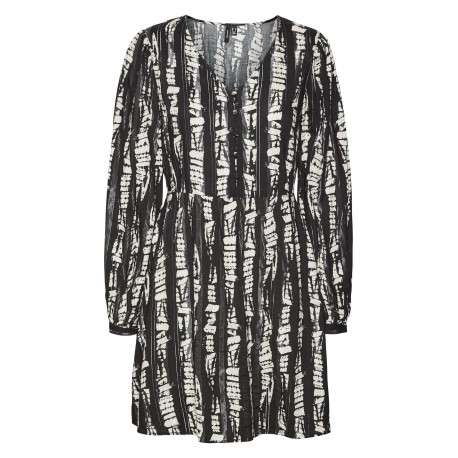 Robe courte noire imprimé abstrait à coupe ample col v et à manches longues