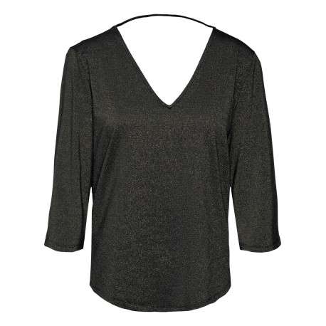 T-shirt noir pailleté avec une coupe droite un col v et des manches 3/4
