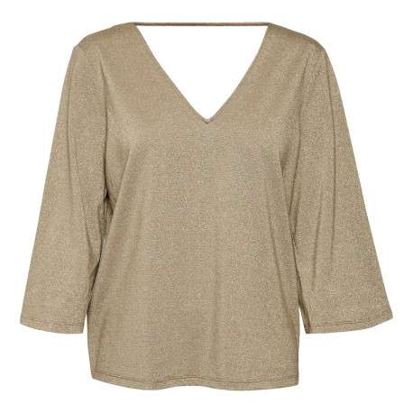T-shirt taupe pailleté avec une coupe droite un col v et des manches 3/4