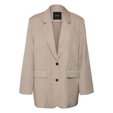 Blazer mi-long chocolat chiné à coupe droite col cranté et à manches longues