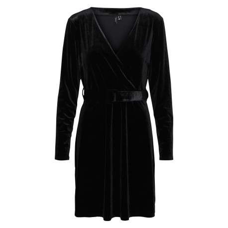 Robe courte noire en velours à coupe ample col cache-cœur et à manches longues