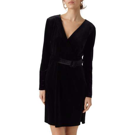 Robe courte noire en velours à coupe ample col cache-cœur et à manches longues - Image 3