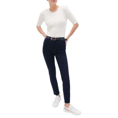 Pantalon en coton mélangé marine uni à coupe slim et taille intermédiaire