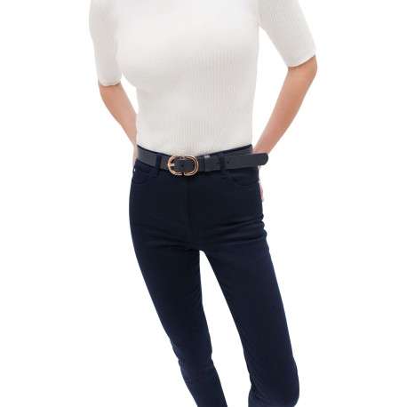 Pantalon en coton mélangé marine uni à coupe slim et taille intermédiaire - Image 3