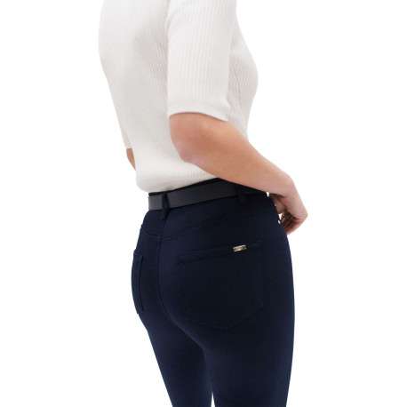 Pantalon en coton mélangé marine uni à coupe slim et taille intermédiaire - Image 4