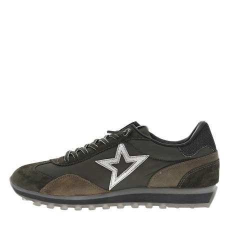 Baskets en cuir kaki avec logo en lurex argenté et lacets élastiqués