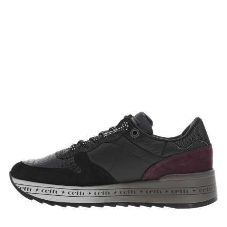 Baskets en cuir noir à semelle semi-compensée et à lacets élastiqués à lurex