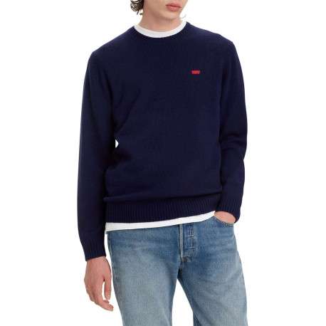 Pull léger oversize en laine stretch bleu muit à col rond côtelé