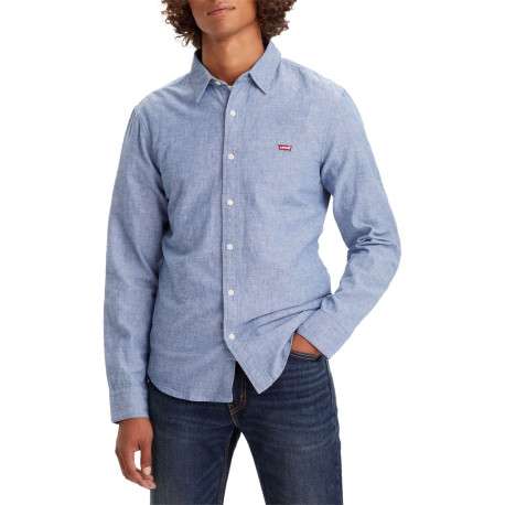 Chemise manches longues en coton bleu chiné à coupe droite et col français