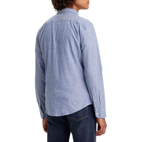 Chemise manches longues en coton bleu chiné à coupe droite et col français - Image 2