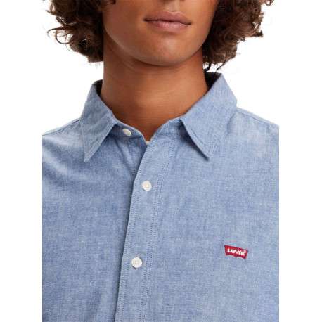Chemise manches longues en coton bleu chiné à coupe droite et col français - Image 3