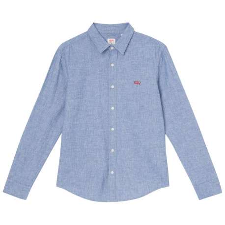 Chemise manches longues en coton bleu chiné à coupe droite et col français - Image 4
