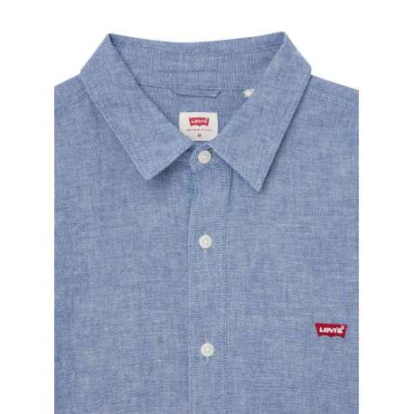Chemise manches longues en coton bleu chiné à coupe droite et col français - Image 6