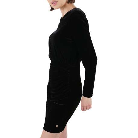 Robe courte noire en velours avec une coupe ajustée et un col rond - Image 2