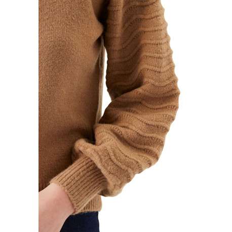 Pull à manches longues chocolat uni avec une coupe droite et un col rond - Image 5