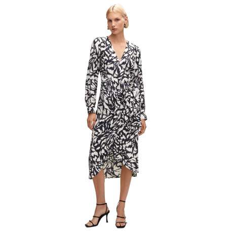 Robe longue black imprimé abstrait avec une coupe portefeuille et un col v