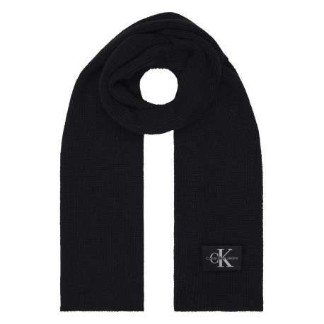 Écharpe en laine noire unie en maille côtelée avec patch logotypé cousu
