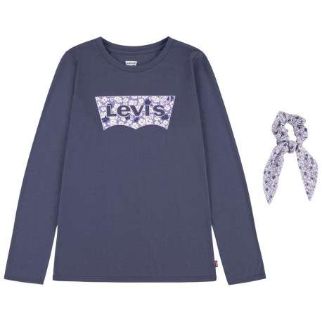 Tee-shirt marine uni à manches longues avec logo de la marque en imprimé floral