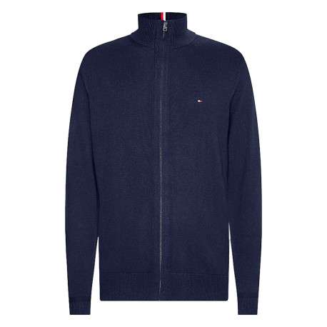 Cardigan en coton et laine marine uni avec un col montant et logo brodé - Image 4