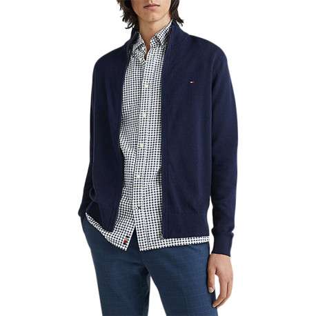 Cardigan en coton et laine marine uni avec un col montant et logo brodé - Image 5