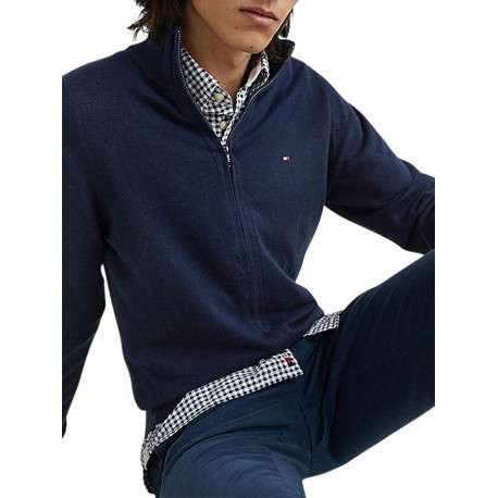 Cardigan en coton et laine marine uni avec un col montant et logo brodé - Image 8
