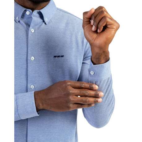 Chemise en coton ciel chinée avec une coupe droite et un col américain - Image 4