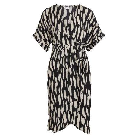 Robe courte noire zebré à coupe portefeuille col v et à manches courtes