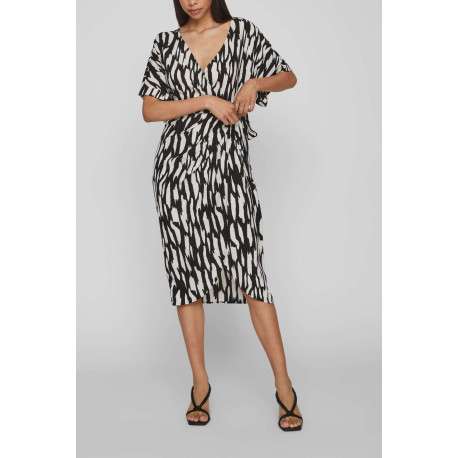 Robe courte noire zebré à coupe portefeuille col v et à manches courtes - Image 3