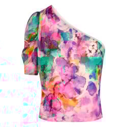 Top à épaules asymétrique multicolore imprimé abstrait avec une coupe droite