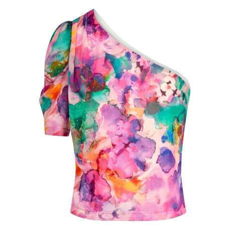 Top à épaules asymétrique multicolore imprimé abstrait avec une coupe droite