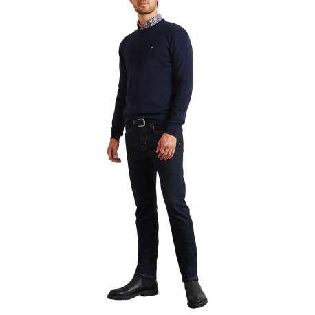 Pull en coton marine uni avec une coupe droite et un col rond