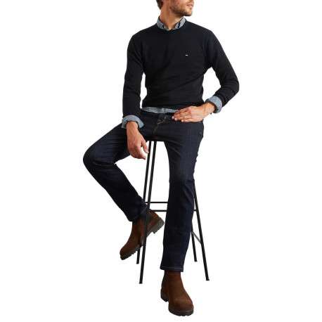 Pull en coton marine uni avec une coupe droite et un col rond - Image 3