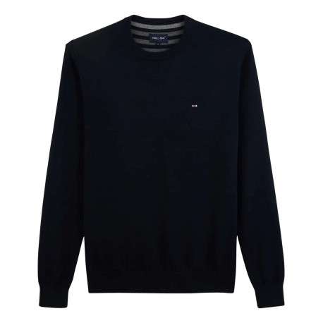 Pull en coton marine uni avec une coupe droite et un col rond - Image 4