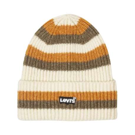 Bonnet multicolore rayé avec nom de la marque brodé sur le revers