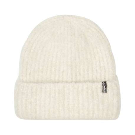 Bonnet blanc uni en maille côtelée avec nom de la marque cousu en patch
