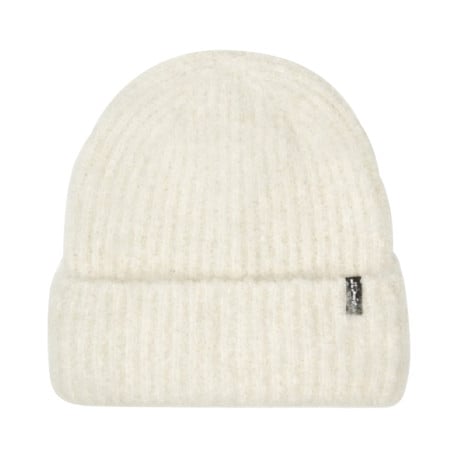 Bonnet blanc uni en maille côtelée avec nom de la marque cousu en patch