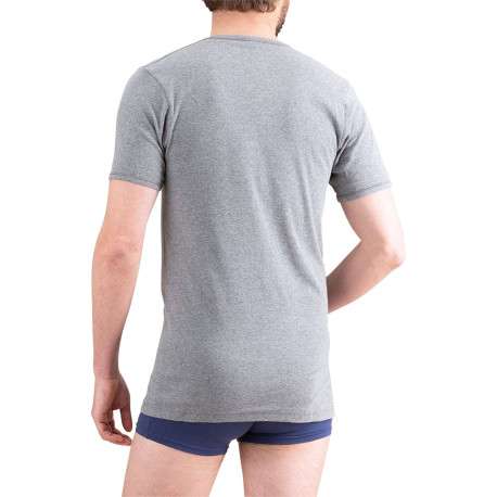 T-shirt en coton gris uni avec une coupe droite et un col V arrondi - Image 2