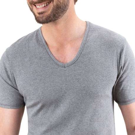 T-shirt en coton gris uni avec une coupe droite et un col V arrondi - Image 3