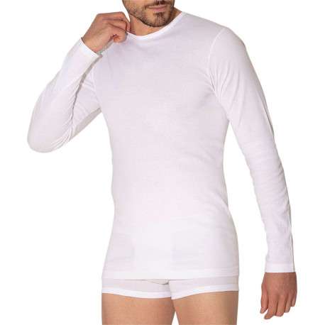 T-shirt manches longues coton blanc uni avec une coupe droite et un col rond