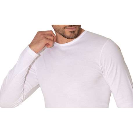 T-shirt manches longues coton blanc uni avec une coupe droite et un col rond - Image 2