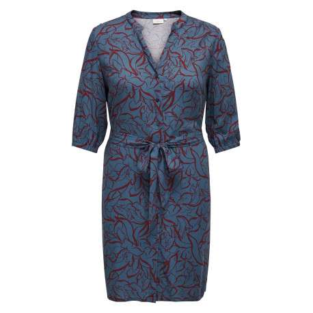 Robe courte bleue fleurie à coupe droite col v et à manche 3/4