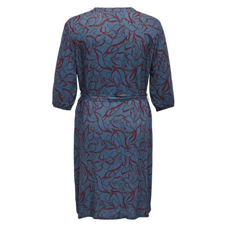 Robe courte bleue fleurie à coupe droite col v et à manche 3/4 - Image 2